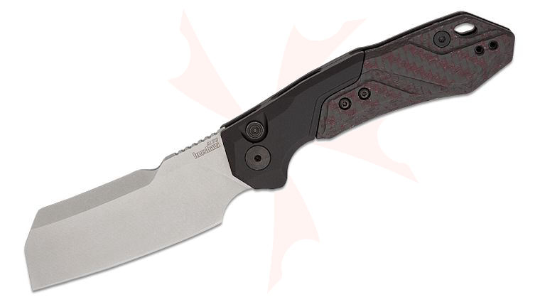 Kershaw 7850 Launch 14 AUTO Folding Knife 3.375 inch CPM-154 Stonewashed Cleaver Blade, Black Anodized Aluminum Handles with Red Carbon Fiber Scale