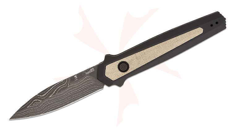 Kershaw 7950DAM Launch 15 AUTO Folding Knife 3.5 inch Damascus Black Spear Point Blade, Black Aluminum Handles with Canvas Micarta Inlays, Reversible Clip