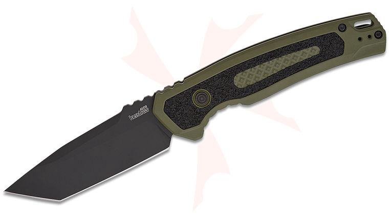 Kershaw 7105OLBLK Launch 16 AUTO Folding Knife 3.45 inch CPM-M4 Black Cerakote Tanto Plain Blade, Olive Aluminum Handles with Trac-Tec Inlays, Reversible Clip