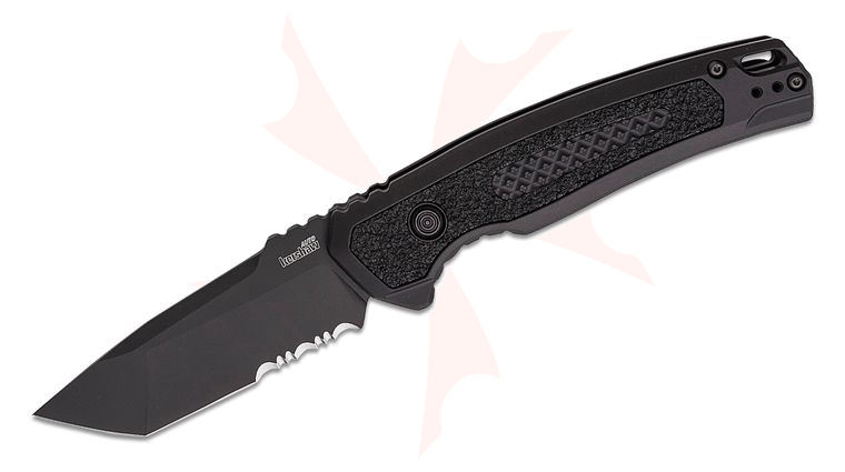 Kershaw 7105 Launch 16 AUTO Folding Knife 3.45 inch CPM-M4 Black Cerakote Tanto Combo Blade, Black Aluminum Handles with Trac-Tec Inlays, Reversible Clip