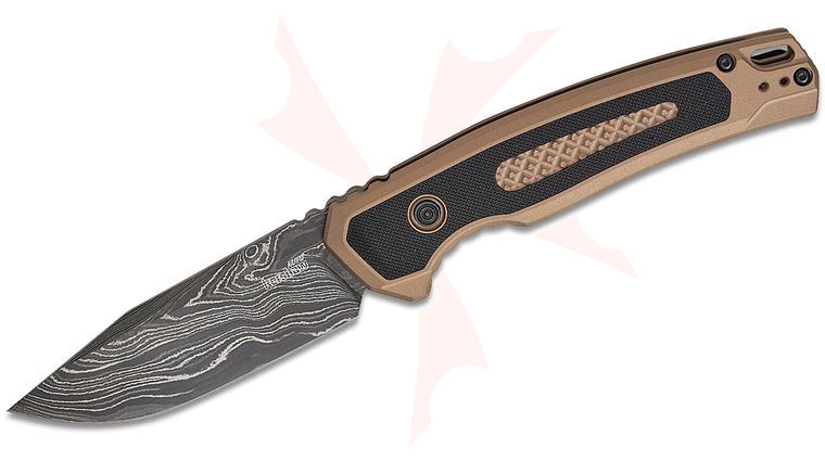 Kershaw 7106DAM Launch 21 Distributor Exclusive Button Lock AUTO Folding Knife 3.45 inch Damascus Black Drop Point Blade, Flat Dark Earth Aluminum Handles with Black G10 Inlays, Deep Carry Reversible Clip