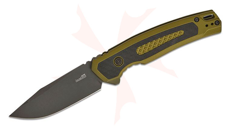 Kershaw 7106OL Launch 21 Button Lock AUTO Folding Knife 3.45 inch CPM-M4 Black PVD Drop Point Blade, Olive Green Aluminum Handles with Black G10 Inlays, Deep Carry Reversible Clip