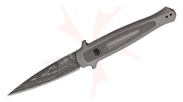 Kershaw 7150DAM Launch 8 AUTO Folding Knife 3.5 inch Damascus Spear Point Blade, Dark Anodized Aluminum Handles w/ Carbon Fiber Inlay