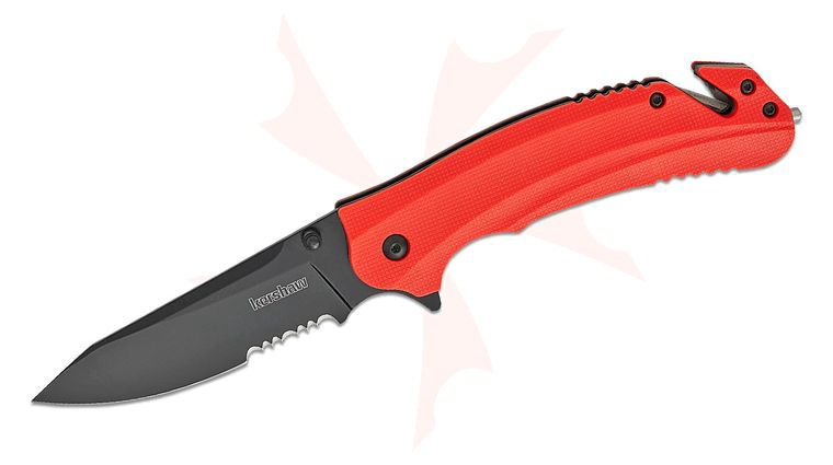 Kershaw 8650ST Barricade Assisted Flipper 3.5 inch Black Clip Point Combo Blade, Orange GFN Handles, Strap Cutter