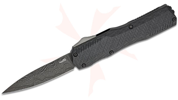 Kershaw 9000CFDAM Matt Diskin Livewire OTF AUTO Knife 3.35 inch Black Damascus Spear Point Blade, Black Aluminum Handles with Carbon Fiber Top, Reversible Clip
