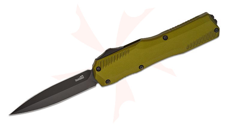 Kershaw 9000DEOL Matt Diskin Livewire OTF AUTO Knife 3.45 inch CPM-MagnaCut Black PVD Double Edge Dagger Blade, Olive Green Aluminum Handles, Reversible Clip