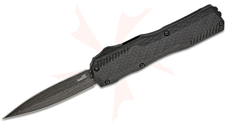 Kershaw 9000DECFDAM Matt Diskin Livewire OTF AUTO Knife 3.35 inch Damascus Double-Edge Dagger Blade, Black Aluminum Handles with Carbon Fiber Top, Reversible Clip