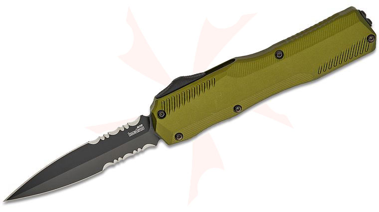 Kershaw 9000DESTOL Matt Diskin Livewire OTF AUTO Knife 3.45 inch CPM-MagnaCut Black PVD Combo Double Edge Dagger Blade, Olive Green Aluminum Handles, Reversible Clip
