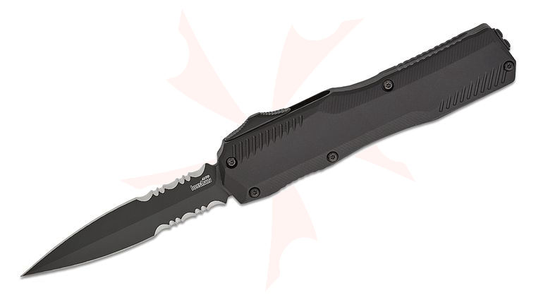Kershaw 9000DEST Matt Diskin Livewire OTF AUTO Knife 3.45 inch CPM-MagnaCut Black PVD Combo Double Edge Dagger Blade, Black Aluminum Handles, Reversible Clip