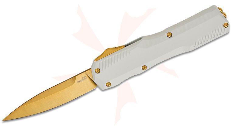Kershaw 9000WGLD Matt Diskin Livewire OTF AUTO Knife 3.3 inch CPM-MagnaCut Gold Spear Point Blade, White Cerakote Aluminum Handles, Reversible Clip