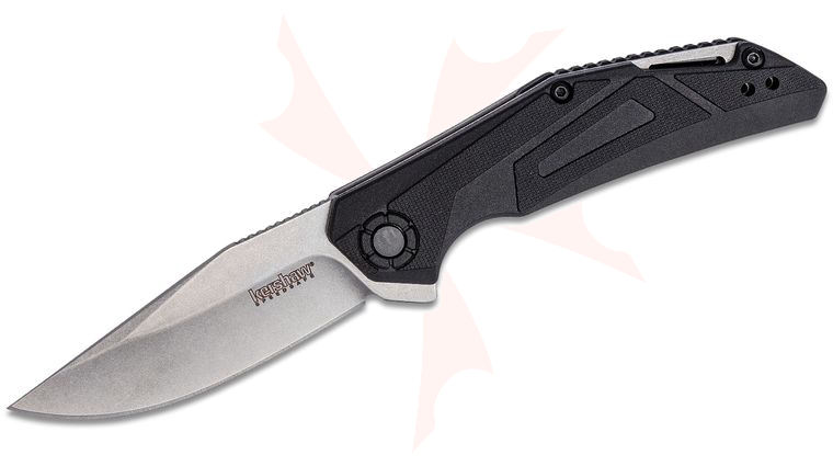 Kershaw 1370 Camshaft Assisted Flipper Knife 3 inch Stainless Steel Stonewashed Clip Point, Black GFN Handles