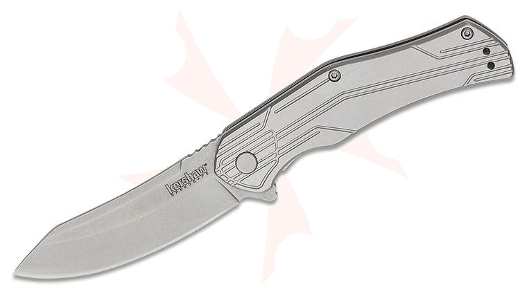 Kershaw 1380 Husker Assisted Flipper Knife 3 inch Stonewashed Reverse Tanto Blade, Stainless Steel Handles
