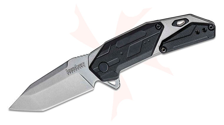 Kershaw Starter Series 1401 Jetpack Assisted Flipper Knife 2.75 inch Stonewashed Tanto Blade, Stainless Steel Handles with Black GFN Overlays