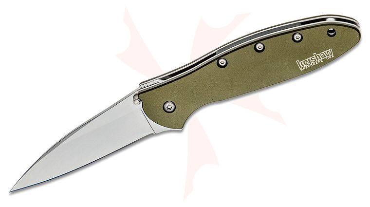 Kershaw 1660OL Ken Onion Leek Assisted Flipper Knife 3 inch Bead Blast Plain Blade, OD Green Aluminum Handles