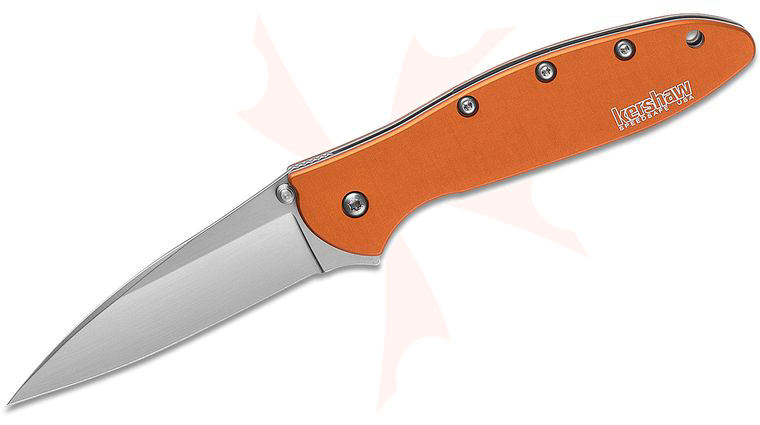 Kershaw 1660OR Ken Onion Leek Assisted Flipper Knife 3 inch Bead Blast Plain Blade, Orange Aluminum Handles