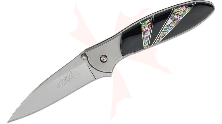 Kershaw 1660AB Ken Onion Leek by Santa Fe Stoneworks Assisted Flipper Knife 3 inch Bead Blast Plain Blade, Stainless Steel Handles with Jet and Abalone Onlays