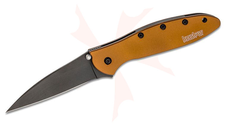 Kershaw 1660BRZBLK Ken Onion Leek Assisted Flipper Knife 3 inch Black DLC Plain Blade, Bronze Aluminum Handles