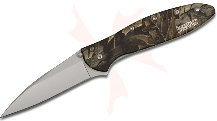 Kershaw 1660CAMO Ken Onion Leek Assisted Flipper Knife 3 inch Bead Blast Plain Blade, Camo Aluminum Handles