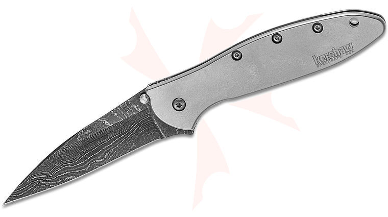 Kershaw 1660DAM Ken Onion Leek Assisted Flipper Knife 3 inch Damascus Plain Blade, Stainless Steel Handles