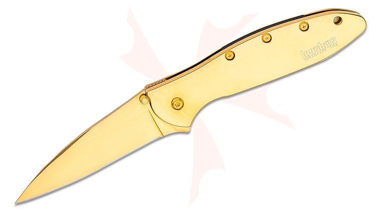 Kershaw 1660GLD Ken Onion Leek Assisted Flipper Knife 3 inch Plain Blade, 24K Gold Plated, Stainless Steel Handles