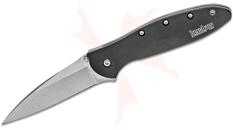 Kershaw 1660SWBLK Ken Onion Leek Assisted Flipper Knife 3 inch Stonewashed Plain Blade, Black Aluminum Handles