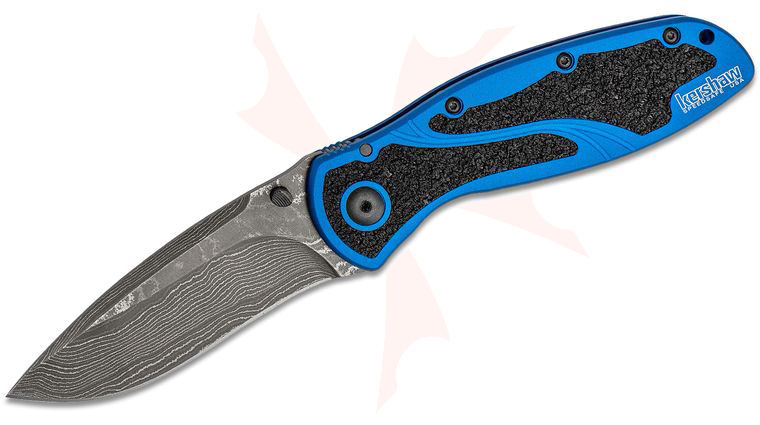 Kershaw 1670NBDAM Ken Onion Blur Assisted Folding Knife 3.4 inch Damascus Blade, Navy Blue Aluminum Handles w/ Trac-Tec Inserts