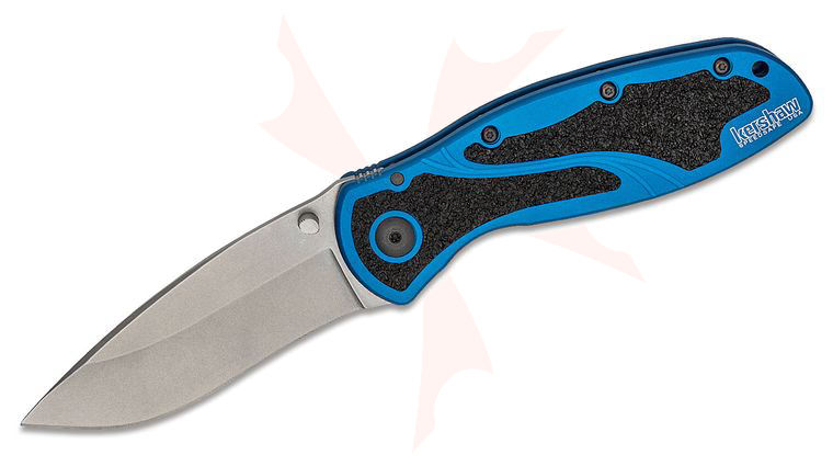 Kershaw 1670NBSW Ken Onion Blur Folding Knife Assisted Folding Knife 3.4 inch Stonewash Plain Blade, Blue Aluminum Handles