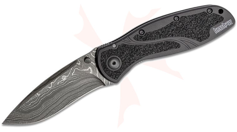 Kershaw 1670BLKDAM Ken Onion Blur Assisted Folding Knife 3.4 inch Damascus Blade, Black Aluminum Handles w/ Trac-Tec Inserts