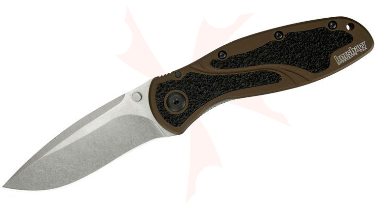 Kershaw 1670SWBR Blur by Ken Onion Assisted 3-3/8 inch Stonewashed Elmax Blade, Brown Aluminum Handles