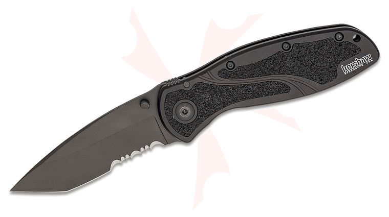 Kershaw 1670TBLKST Ken Onion Blur Assisted Folding Knife 3-3/8 inch Black Tanto Combo 14C28N Blade, Black Aluminum Handles