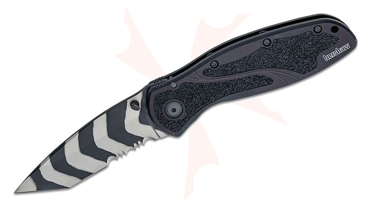 Kershaw 1670TTSST Ken Onion Blur Assisted Folding Knife 3-3/8 inch Tiger Stripe Tanto Combo Blade, Black Aluminum Handles