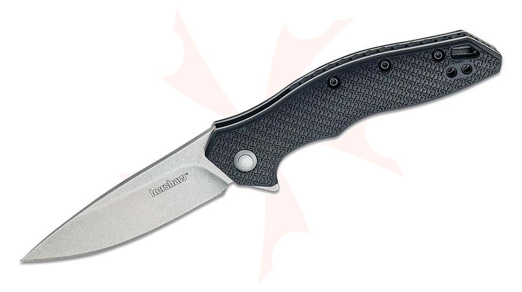 Kershaw 1845 Shoreline Assisted Flipper Knife 3 inch Stonewashed Drop Point Plain Blade, Black Glass-Reinforced Nylon Handles, Reversible Clip