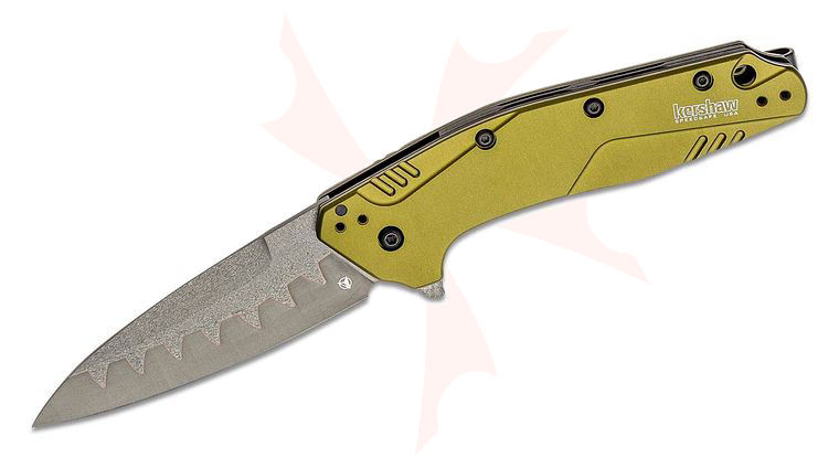 Kershaw 1812OLCB Dividend Assisted Flipper Knife 3 inch N690 and CPM-D2 Composite Bead Blasted Plain Blade, Olive Aluminum Handles