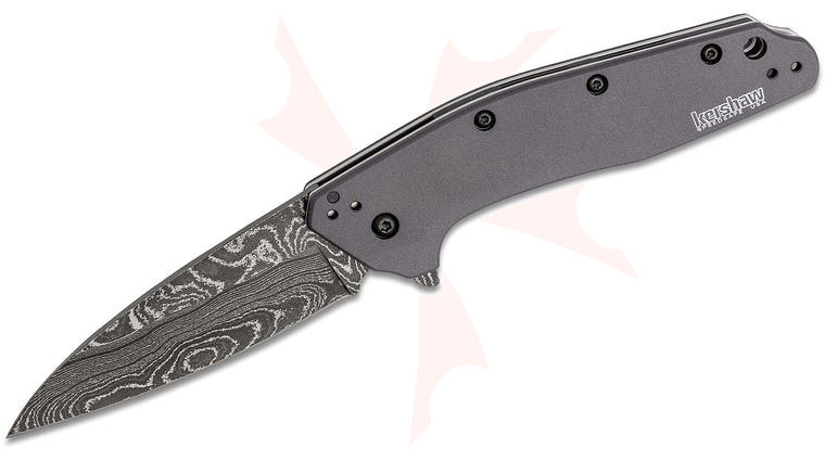 Kershaw 1812GRYDAM Dividend Assisted Flipper Knife 3 inch Damascus Plain Blade, Gray Aluminum Handles