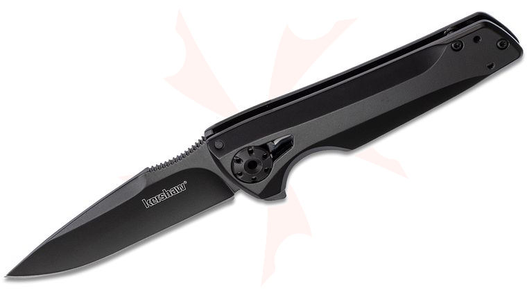 Kershaw 1988 RJ Martin Flythrough Flipper Knife 3 inch Black Oxide Drop Point Blade and Stainless Steel Handles