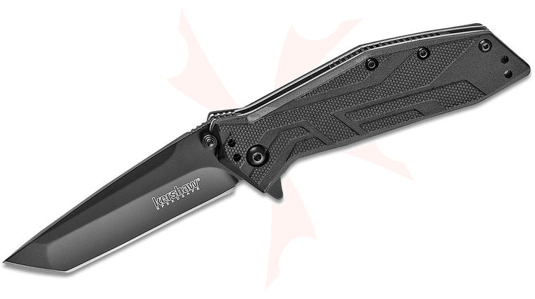 Kershaw 1990 Brawler Assisted Flipper 3.25 inch Black Plain Tanto Blade, Black GFN Handles 