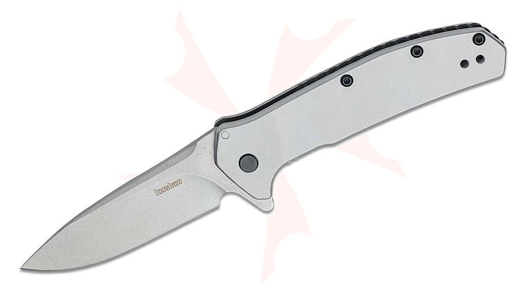 Kershaw 2044 Outcome Assisted Flipper Knife 2.8 inch Stonewashed Drop Point Blade, Stainless Steel Handles, Reversible Clip