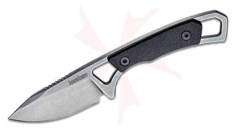 Kershaw 2085 Brace Fixed Blade Neck Knife 2 inch Stonewashed Drop Point Blade, Black GFN Handles, Plastic Sheath