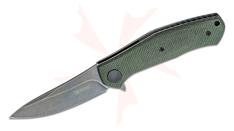 Kershaw 4020 Dmitry Sinkevich Concierge Flipper 3.25 inch D2 BlackWash Modified Drop Point Blade, Green Canvas Micarta Handles