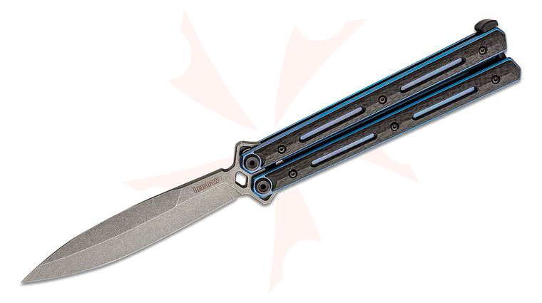 Kershaw 5150CF Lucha Balisong Butterfly Knife 4.6 inch CPM-20CV Working Spear Point Blade, Carbon Fiber Handles with Blue Titanium Liners