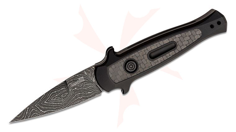 Kershaw 7125DAM Launch 12 AUTO Folding Knife 2.5 inch Damascus Spear Point Blade, Black Anodized Aluminum Handles with Carbon Fiber Inlay
