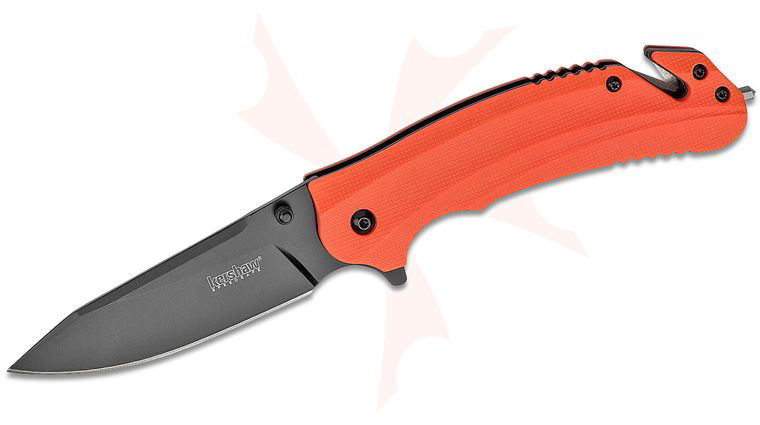 Kershaw 8650 Barricade Assisted Flipper 3.5 inch Black Clip Point Blade, Orange GFN Handles, Strap Cutter