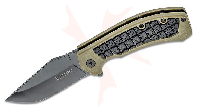 Kershaw 8760 Faultline Flipper 3 inch Black Oxide Clip Point Blade, OD Green GFN Handles with Rubber Inserts