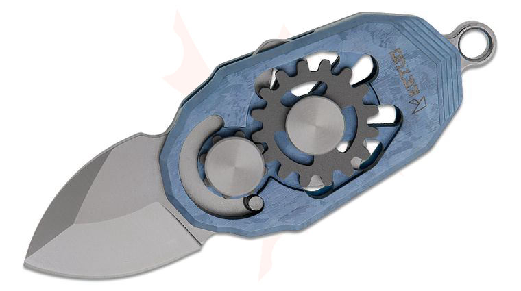 Ketuo Knife Beetle Magnetic Scale Lock Mini Folding Knife 0.9 inch M390 Satin Drop Point Blade, Blue Crystallized Titanium Handles with Gear Inlay, Bottle Opener, Key Ring, and Chain