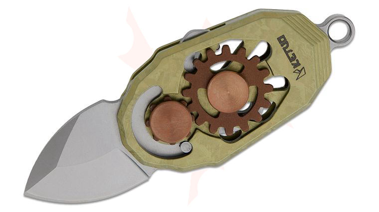Ketuo Knife Beetle Magnetic Scale Lock Mini Folding Knife 0.9 inch M390 Satin Drop Point Blade, Gold Crystallized Titanium Handles with Gear Inlay, Bottle Opener, Key Ring, and Chain