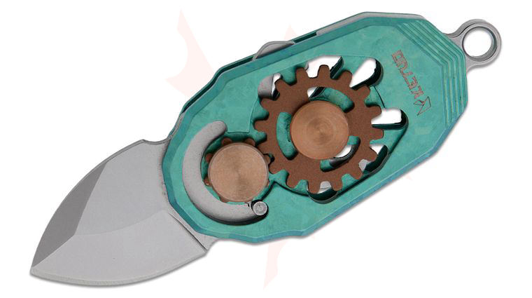 Ketuo Knife Beetle Magnetic Scale Lock Mini Folding Knife 0.9 inch M390 Satin Drop Point Blade, Green Crystallized Titanium Handles with Gear Inlay, Bottle Opener, Key Ring, and Chain