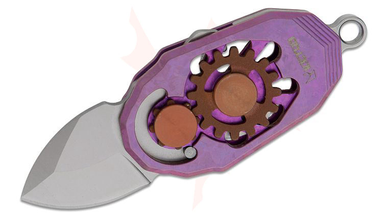 Ketuo Knife Beetle Magnetic Scale Lock Mini Folding Knife 0.9 inch M390 Satin Drop Point Blade, Purple Crystallized Titanium Handles with Gear Inlay, Bottle Opener, Key Ring, and Chain