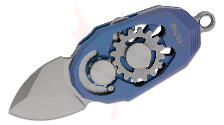 Ketuo Knife Beetle Magnetic Scale Lock Mini Folding Knife 0.9 inch M390 Satin Drop Point Blade, Blue Titanium Handles with Gear Inlay, Bottle Opener, Key Ring, and Chain
