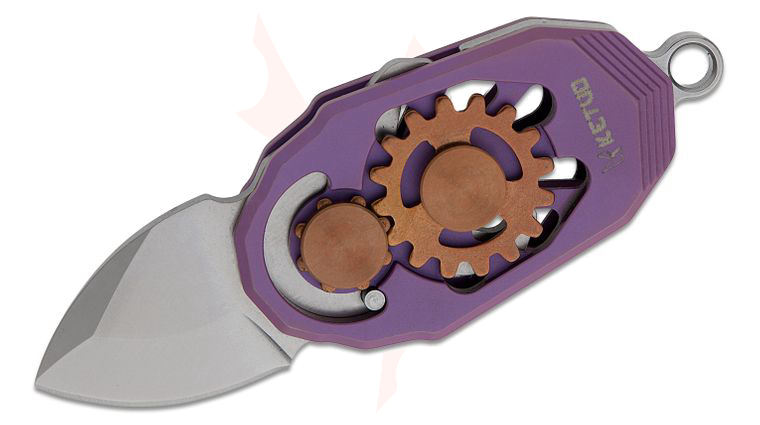 Ketuo Knife Beetle Magnetic Scale Lock Mini Folding Knife 0.9 inch M390 Satin Drop Point Blade, Purple Titanium Handles with Gear Inlay, Bottle Opener, Key Ring, and Chain