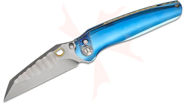 Ketuo Knife Dirty Bird Button Lock Folding Knife 3.74 inch M390 Bead Blast Wharncliffe Blade, Blue Titanium Handles with Mokuti Inlays